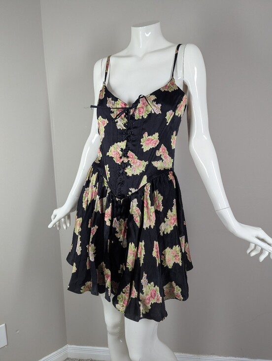 Betsey Johnson Dresses & Skirts - Vintage Betsey Johnson Floral Corset Mini Dress Made in USA Black Rose Lace Up M